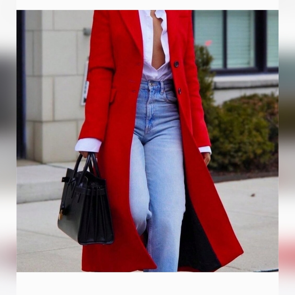 Red Elegant Women's Coat Single-Breasted Pea Coat Casual Long Lapel Coat